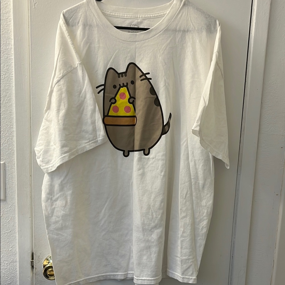 White T-Shirt with Cat and Pizza Graphic